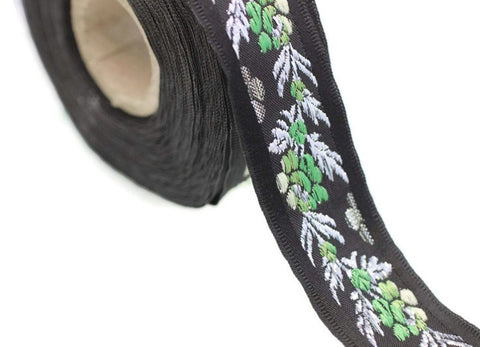 16 mm Black Front Green Floral Jacquard ribbons (0.62 inches), jacquard trim, Balkans Decorative Ribbon, Sewing trim, collar trim, 16011