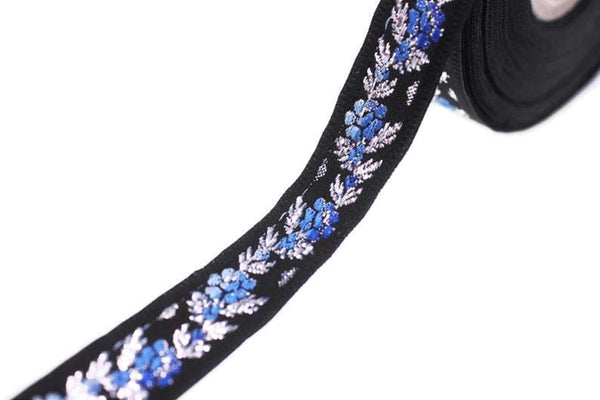 16 mm Black Front Blue Floral Jacquard ribbon (0.62 inches), jacquard trim, Balkans Decorative Ribbon, Sewing trim, collar trim, 16011