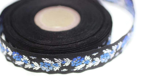 16 mm Black Front Blue Floral Jacquard ribbon (0.62 inches), jacquard trim, Balkans Decorative Ribbon, Sewing trim, collar trim, 16011