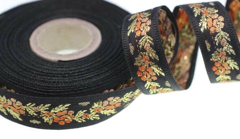 35 mm Black Front Orange Floral Jacquard ribbon (1.37 inches), Jacquard trim, Balkans Decorative Ribbon, Sewing Trim, Collar Trim, 35011