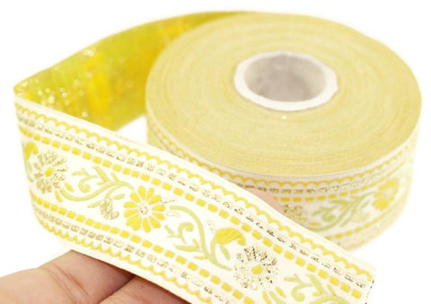 35 mm White & Yellow Floral Jacquard ribbon (1.37 inches), Jacquard trim, Sewing Trim, Collar Trim, Ribbon by the yards, Vintage ribbon