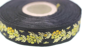 16 mm Black Front Yellow Floral Jacquard ribbon (0.62 inches), jacquard trim, Balkans Decorative Ribbon, Sewing trim, collar trim, 16011