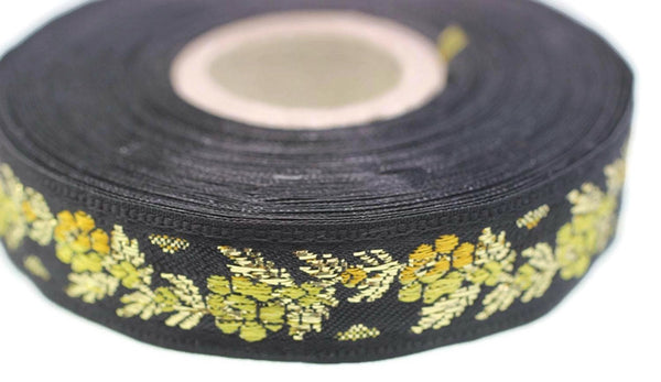 35 mm Black Front Yellow Floral Jacquard ribbon (1.37 inches), Jacquard trim, Balkans Decorative Ribbon, Sewing Trim, Collar Trim, 35011