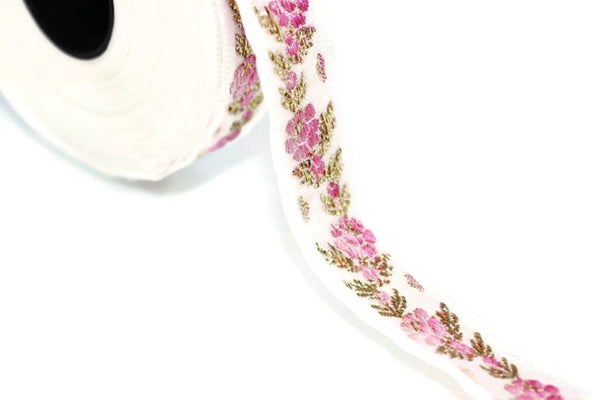 16 mm White Front Pink-Gold Floral Jacquard ribbon (0.62 inches), jacquard trim, Balkans Decorative Ribbon, Sewing trim, collar trim, 16011