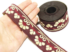 35 mm Gold&claret red Jacquard ribbons 1.37 inches, daisy Style Jacquard trim, Jacquard ribbons, ribbon trim, 35093
