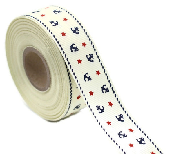 25mm White Anchor ribbons, Grosgrain ribbons, printed ribbons, collar supplies, Ribbon for skirt, ribbon for pants, ribbon for dress, DNZR