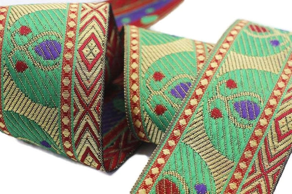 60 mm Green indian ribbon, woven ribbon, Brocade trim, (2.36 inches) Jacquard ribbon, vintage ribbon, indian trim, embroidered ribbon, INDW6