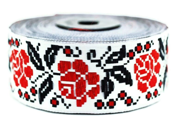 35 mm Red/White Rose Ribbon  (1.37 inches), Rose Flower trim,  jacquard trim, fabric wide trims, craft supplies, vintage trim, 35987