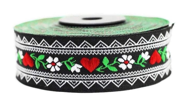 25 mm Black&White Heart Jacquard ribbons (0.98 inches), jacquard trims, Floral Ribbon, Sewing trim, woven trim, embroidered ribbon