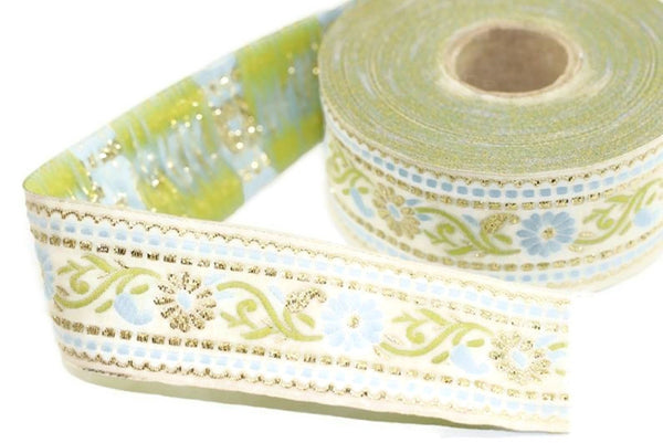 35 mm White & Blue Floral Jacquard ribbon (1.37 inches), Jacquard trim, Sewing Trim, Collar Trim, Ribbon by the yards, Vintage ribbon