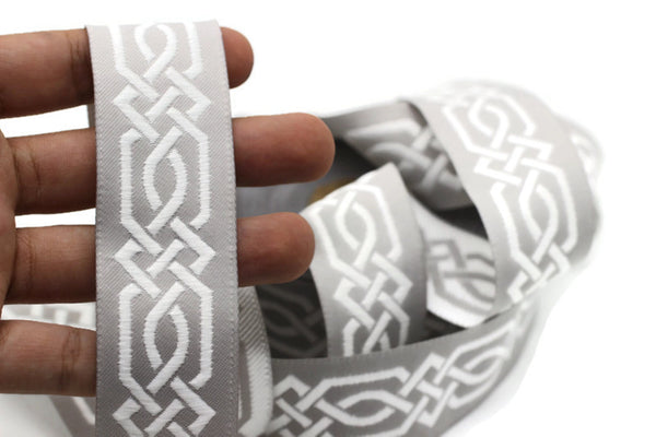 35 mm White-Gray Celtic Claddagh 1.37 (inch) | Celtic Ribbon | Embroidered Woven Ribbon | Jacquard Ribbon | 35mm Wide | 35272