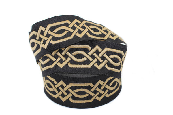 35 mm Gold-Black Celtic Claddagh 1.37 (inch) | Celtic Ribbon | Embroidered Woven Ribbon | Jacquard Ribbon | 35mm Wide | 35272