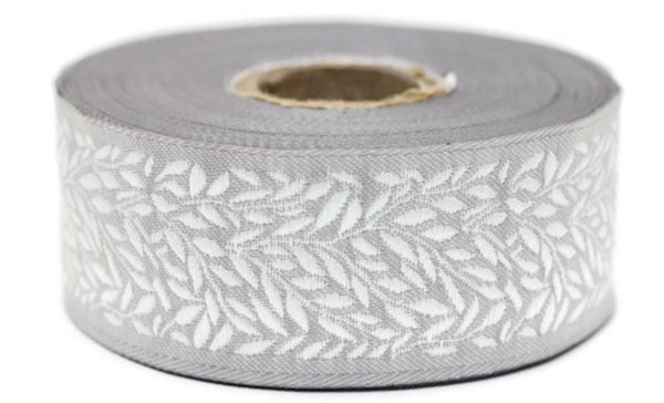 35 mm White on Gray Leaf Tendril 1.37 (inch) | Jacquard Trim | Leaf Tendril Ribbon | Tendril Ribbon | Jacquard Ribbon | 35mm Wide | 35270