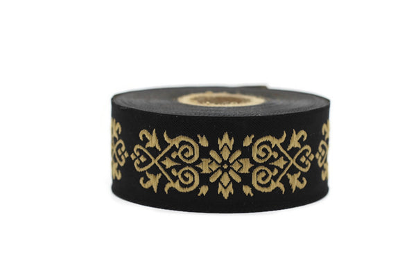 35mm Golden-Black Victorian Jade Jacquard Ribbon 1.37 inch | Embroidered Bordure | Fabric Tapestry for Embellishment Craft Home Decor |35271