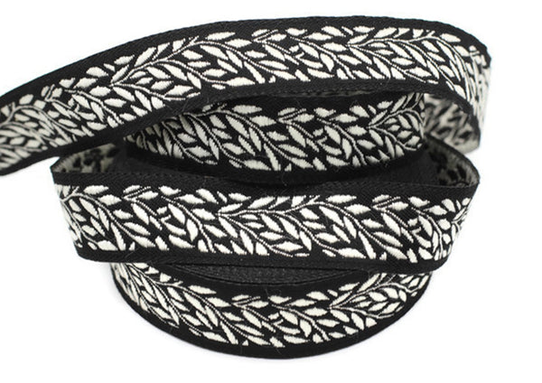 20mm Silver-Black Leaf Tendril 0.78 (inch) | Jacquard Trim | Leaf Tendril Ribbon | Jacquard Ribbon | Sewing Trim | 20mm Wide | 20270