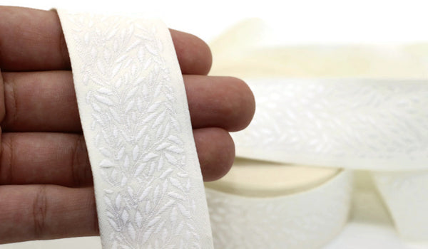 35mm White Leaf Tendril 1.37(inch) | Jacquard Trim | Leaf Tendril Ribbon | Tendril Ribbon | Jacquard Ribbon | Sewing Trim | 35mm Wide |35270