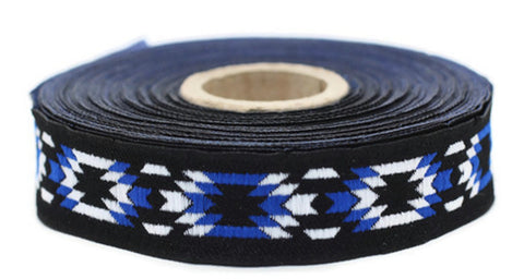 20 mm Blue Geometric Ribbon  (0.78 inch) | Geometric trim | Jacquard trim | Fabric wide trims | Craft supplies | Vintage trim | 20279