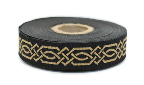 20 mm Golden-Black Celtic Claddagh 0.78 (inch) | Celtic Ribbon | Embroidered Woven Ribbon | Jacquard Ribbon | 20 mm Wide | 20272