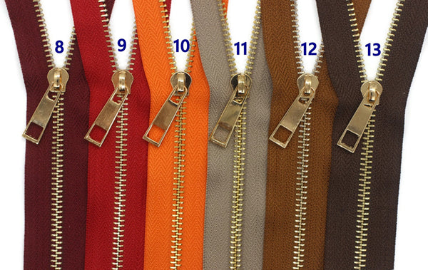 5 Pcs Metal zippers with gold brass teeth, Tip #5, 22-100cm (9-40inc, Bag zippers, dress zipper, zip, lightweight zipper, purse zippers MTZF