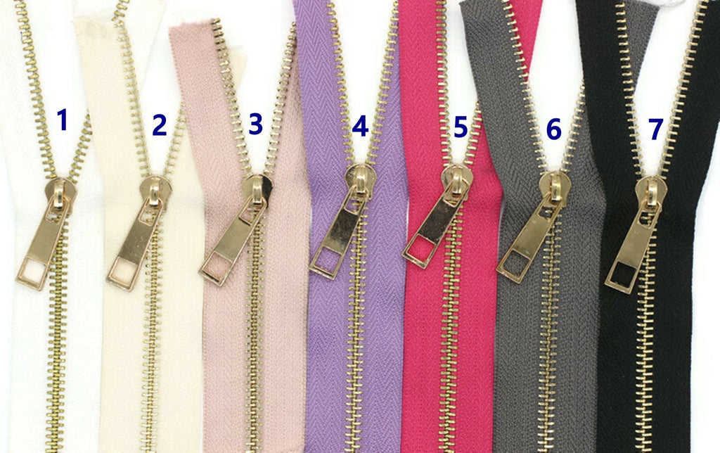 5 Pcs Metal zippers with gold brass teeth, Tip #5, 22-100cm (9-40inc, Ribbonsland 5 Pcs Metal zippers with gold brass teeth, Tip #5, 22-100cm (9-40inc, Ribbonsland