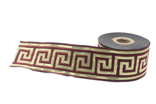 50 mm Claret Red-Golden Greek key ribbon, Jacquard Trims (1.96 inches), Vintage Ribbons, Decorative Ribbons, Sewing Trim,  50062