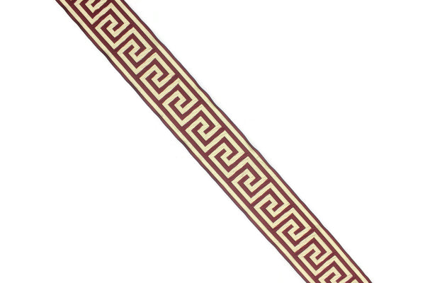 50 mm Claret Red-Golden Greek key ribbon, Jacquard Trims (1.96 inches), Vintage Ribbons, Decorative Ribbons, Sewing Trim,  50062