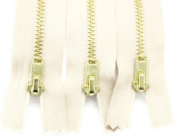 5 Pcs Cream Metal zippers with Gold brass teeth, 18-100cm (7-40inches) zipper, Jean Zipper, dress zipper, lightweight zipper, MTZF