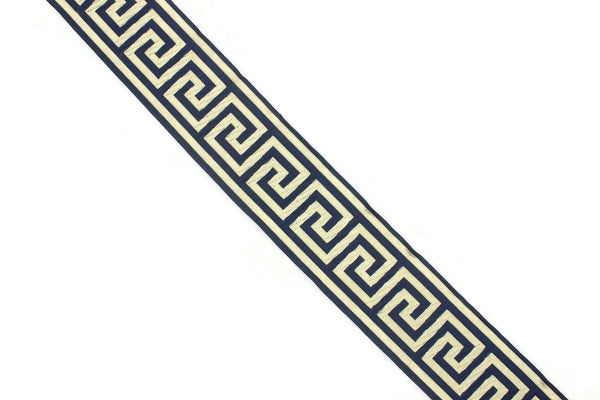 50 mm Navy Blue/Golden Greek key ribbon, Jacquard Trims (1.96 inches), Vintage Ribbons, Decorative Ribbons, Sewing Trim,  50062