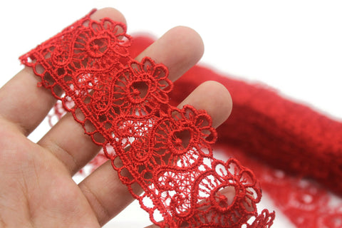 40mm 8Meters Red Guipure Lace Trim | 1.57 Inches Wide | Floral Lace Trim | Bridal Lace | Red Lace | Guipure Lace