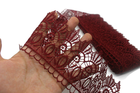 80mm 9Meters Claret Red Floral Guipure Lace Trim | 3.14 Inches Wide | Floral Lace Trim | Bridal Lace | Red Lace | Guipure Lace
