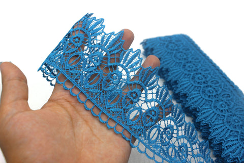 80mm 9Meters Blue Floral Guipure Lace Trim | 3.14 Inches Wide | Floral Lace Trim | Bridal Lace | Blue Lace | Guipure Lace