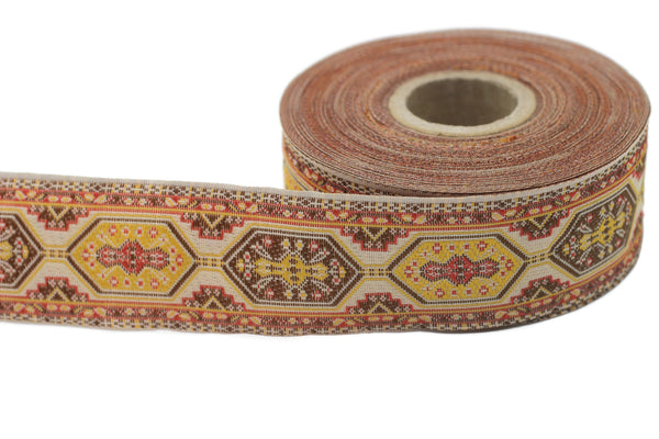 35 mm Yellow - Brown Woven Jacquard Ribbons (1.37 inches), Decorative Craft Ribbon, Sewing trim, Woven Trim Embroidered Ribbon 35588