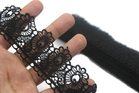 40mm 8Meters Black Guipure Lace Trim | 1.57 Inches Wide | Floral Lace Trim | Bridal Lace | Black Lace | Guipure Lace