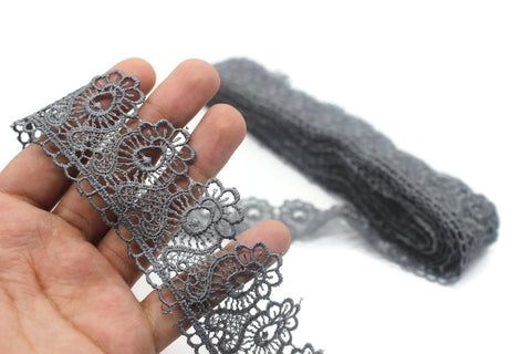 40mm 8Meters Gray Guipure Lace Trim | 1.57 Inches Wide | Floral Lace Trim | Bridal Lace | Gray Lace | Guipure Lace