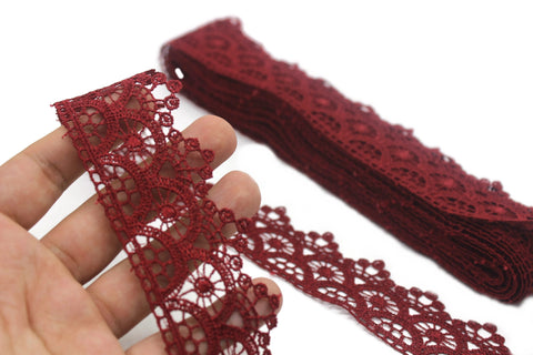 37mm 8Meters Claret Red Guipure Lace Trim | 1.45 Inches Wide | Ethnic Lace Trim | Bridal Lace | Red Lace | Guipure Lace