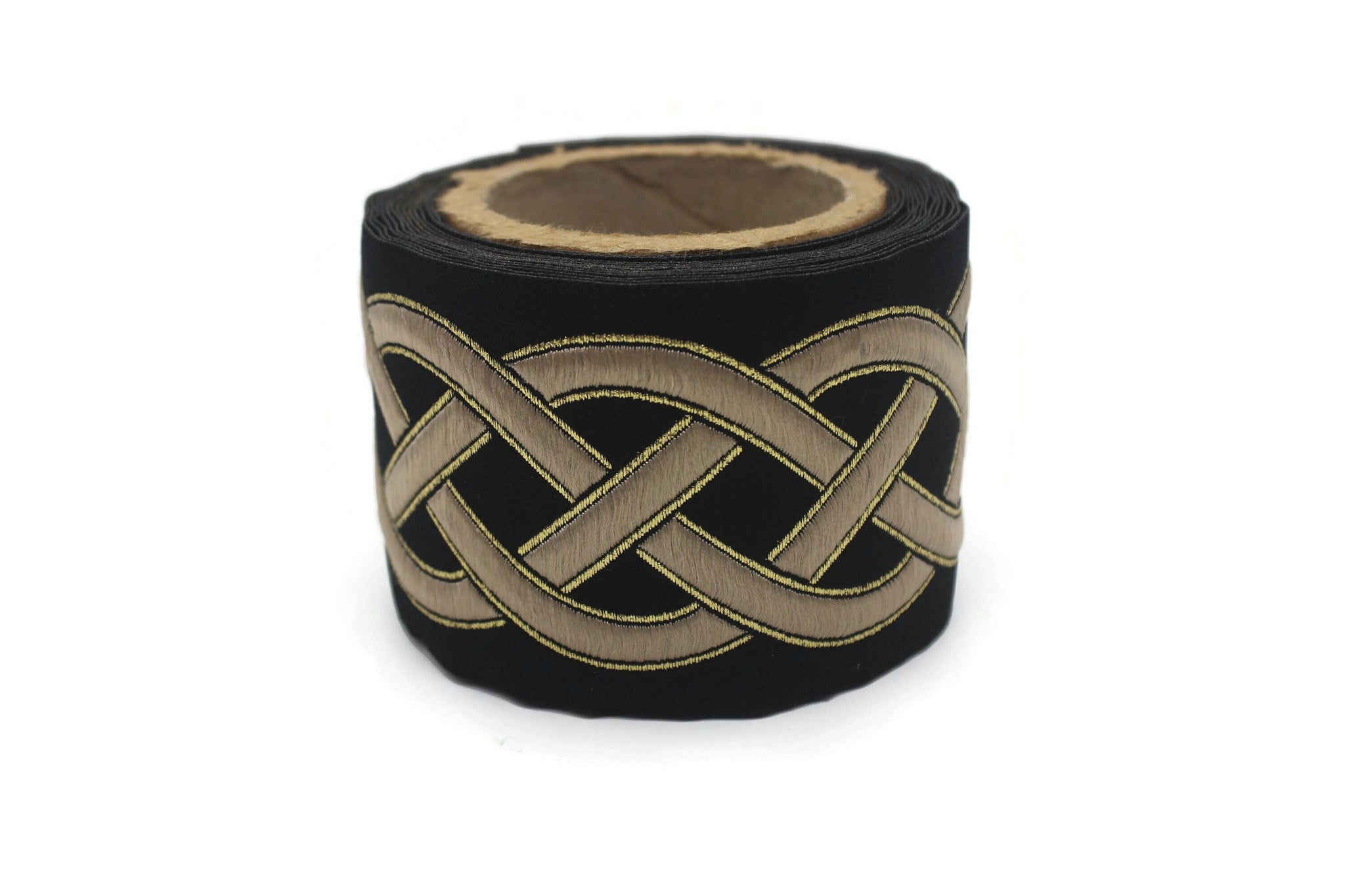 68 mm Black-Beige Celtic Knot Jacquard Ribbon for Drapery (2.67 inch), Trim Tape Border for Sewing Quilting Bridal Costumes, 0177 V5