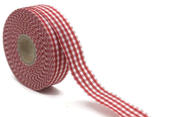 15 mm Red and White Plaid Ribbon (0.59 inch), Christmas Decorative Bow, Plaid Taffeta Ribbon, Gingham Wired Ribbon, Fabric by the yard 15650