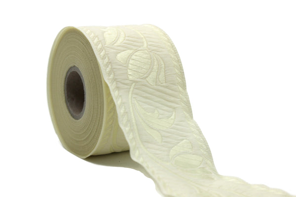 50 mm Cream Jacquard ribbons, Tulips ribbons 1.96 inches, Jacquard trim, Sewing trims, Flower ribbons, embroidered ribbons, 50090