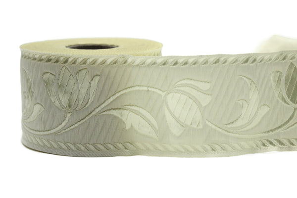 50 mm Cream Jacquard ribbons, Tulips ribbons 1.96 inches, Jacquard trim, Sewing trims, Flower ribbons, embroidered ribbons, 50090