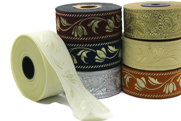 35 mm Cream ribbons, Jacquard ribbons (1.37 inches), Tulips embroidered ribbon, Jacquard trim, ribbon trim, trimming, sewing trims, 35090
