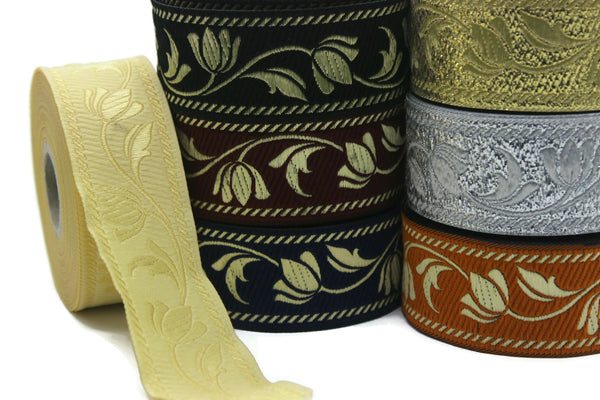 35 mm Beige ribbons, Jacquard ribbons (1.37 inches), Tulips embroidered ribbon, Jacquard trim, ribbon trim, trimming, sewing trims, 35090