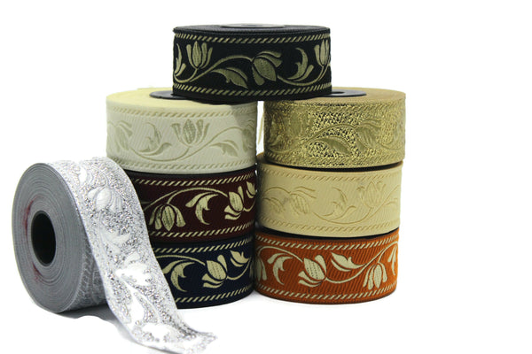 35 mm Silver ribbons, Jacquard ribbons (1.37 inches), Tulips embroidered ribbon, Jacquard trim, ribbon trim, trimming, sewing trims, 35090