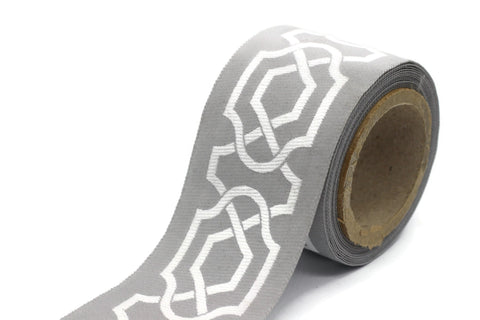 White- Gray 2.67 inch Embroidered Ribbons (68mm), Jacquard Trims, Sewing Trim, drapery trim, Curtain trims, trim for drapery, 173 V5