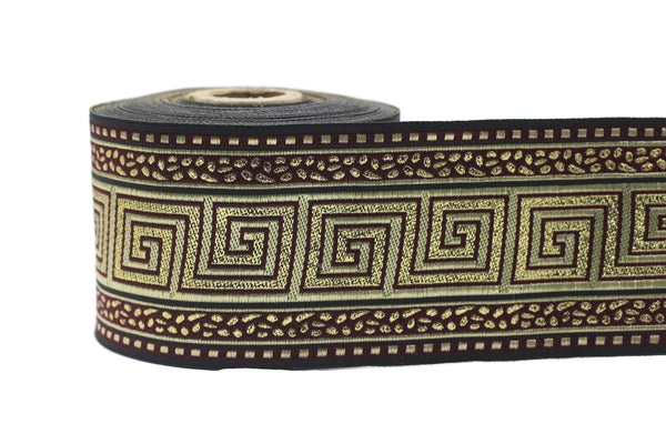 70 mm Golden Red Greek Key Jacquard Ribbon (2.75 inches), Drapery Trim Band, Woven Ribbon, Sewing Trim 70057