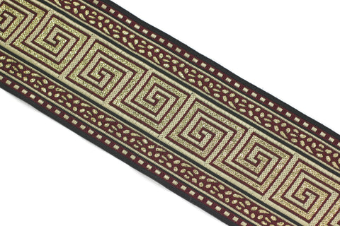 70 mm Golden Red Greek Key Jacquard Ribbon (2.75 inches), Drapery Trim Band, Woven Ribbon, Sewing Trim 70057