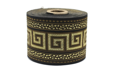 70 mm Golden Brown Greek Key Jacquard Ribbon (2.75 inches), Drapery Trim Band, Woven Ribbon, Sewing Trim 70057