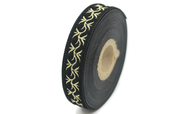 16 mm Black ivy Jacquard ribbon, (0.62 inches), trim by the yard, Embroidered ribbon, Sewing trim, Scroll Jacquard trim, 16073