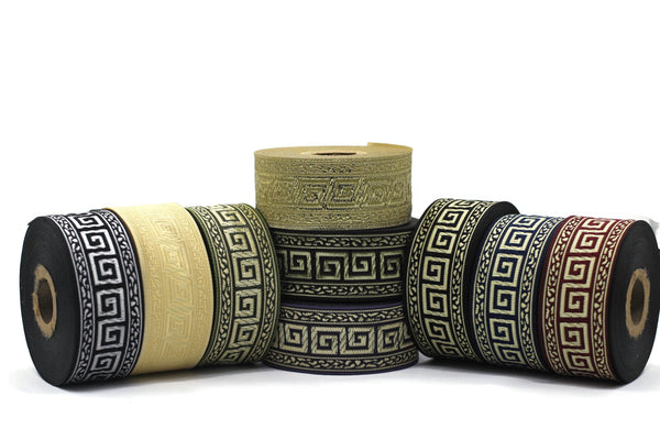 35 mm Green/Gold Greek Key ribbons (1.37 inches), ribbon trims, jacquard ribbons, fabric ribbons, vintage trim, geometric ribbons, 35060