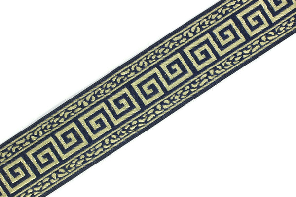 35 mm Blue/Gold Greek Key ribbons (1.37 inches), ribbon trims, jacquard ribbons, fabric ribbons, vintage trim, geometric ribbons, 35060