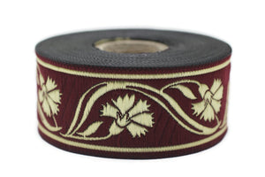 35 mm Claret Red Floral ribbon 1.37 (inch) | Celtic Ribbon | Embroidered Clover Ribbon | Jacquard Ribbon | 35mm Wide | 35070